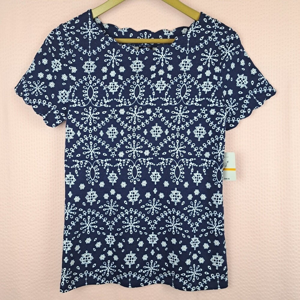 NEW Rafaella Women Knit Top Scalloped Edge Navy Blue Size S Casual